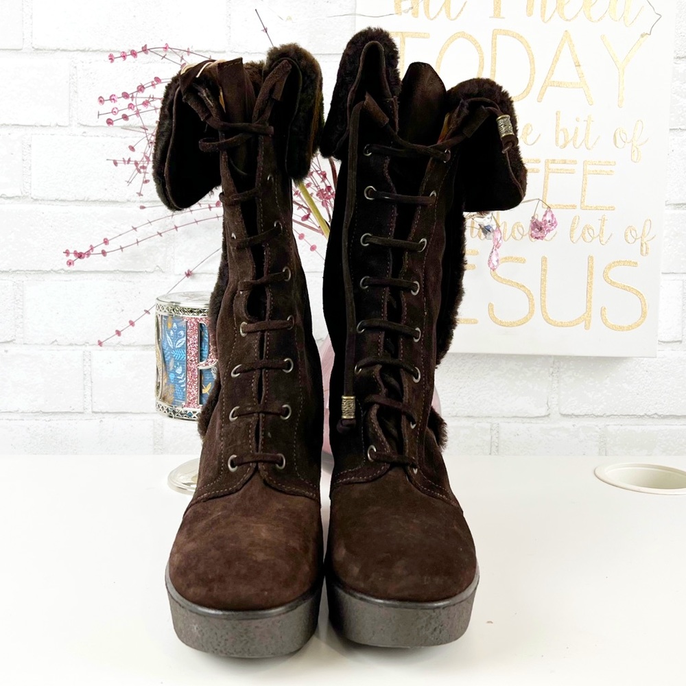 Via Spiga Brown Suede Lace Up Wedge Boots Size 7 1/2